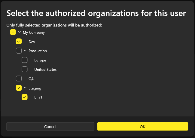 screenshot how to select a specific org scope for a user